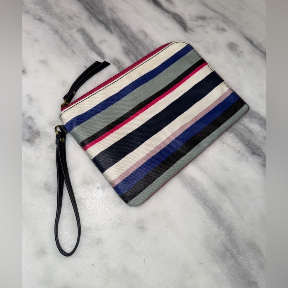 Fossil Zippered Clutch Bag Coated Canvas w/ Stripes Grey Pink Blue and Black - Picture 3 of 5